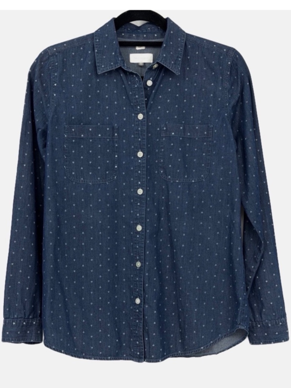 LOFT Softened Chambray Heart Print Button Down Shirt Size Small 100% Cotton - Picture 2 of 12